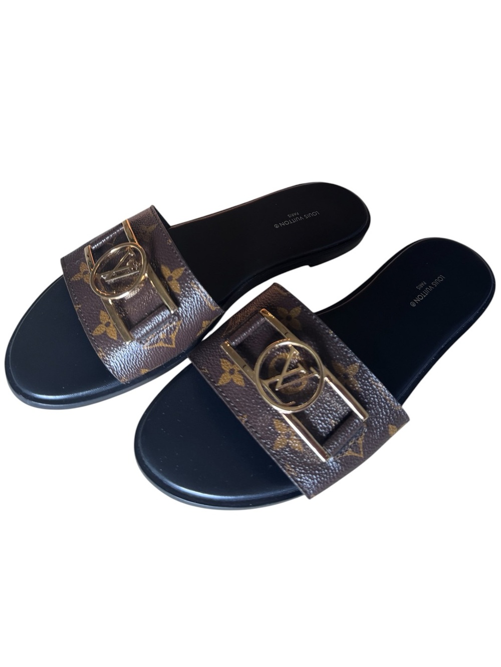 Louis Vuitton Brown Monogram Logo Slide Sandals with Gold Hardware